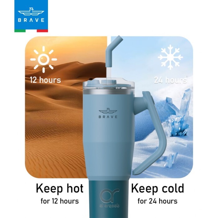 Brave Temp Guard Vacuum Insulated Travel Mug – 180° Rotating Handle, 24H Cold & 12H Hot Retention, Leak-Proof Lids, 1200mL – Blue