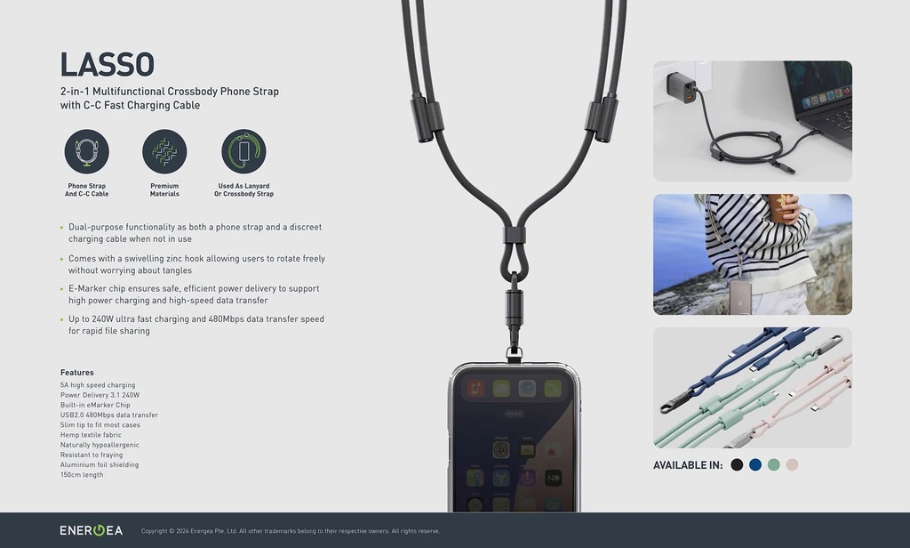 Energea Lasso 2-In-1 USB-C to USB-C 240W 480Mbps Lanyard With Charging Cable 1.5M - Black