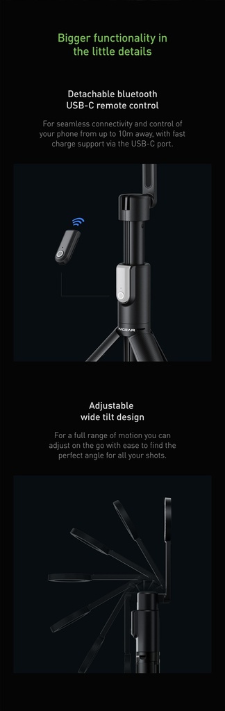 Energea MagPod Bluetooth selfie Stick With Removable Controller - Black