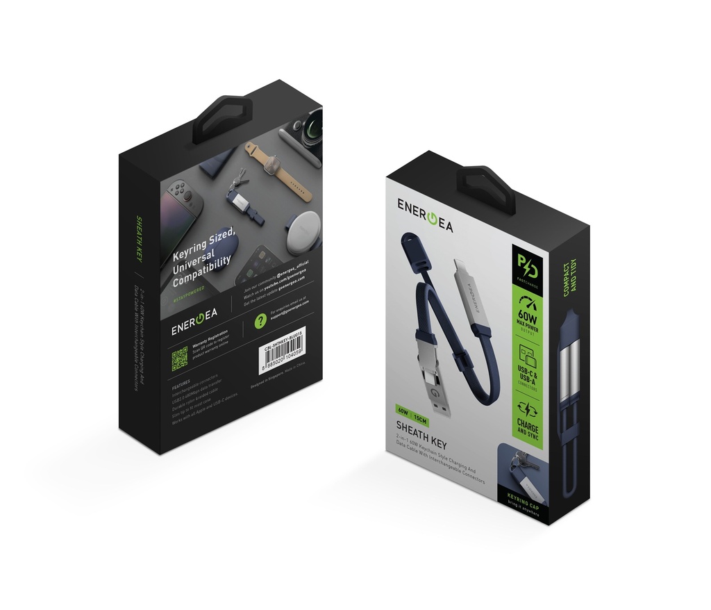 Energea Sheath Key 2-In-1 USB-C to USB-C With USB-A 60W Cable 15CM - Orange