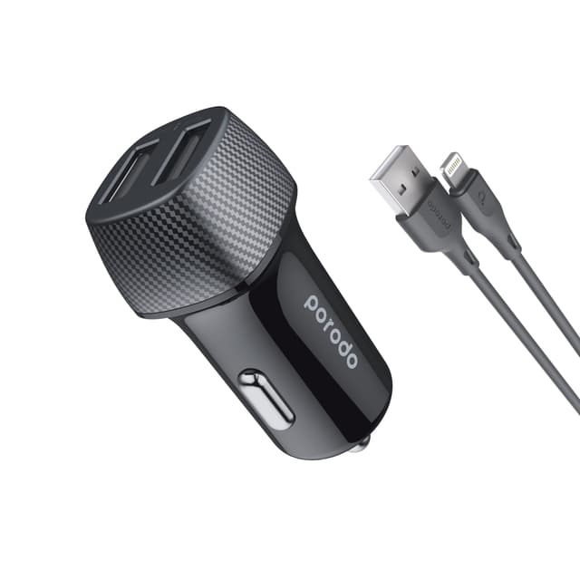 Porodo Dual Port Car Charger 3.4A with Lightning Cable 0.9M - Black