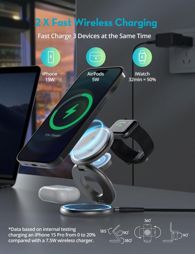 RAVPower RP-WC1008 Premium Foldable 3 in 1 Wireless Charger 15W