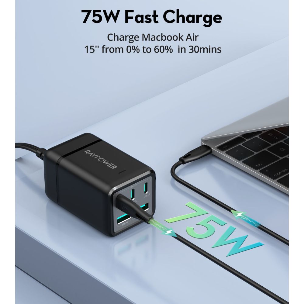 RP-PC1062  75W Power Strip 5-Port with AC outlets UK plug + Travel charger adapter Offline Black