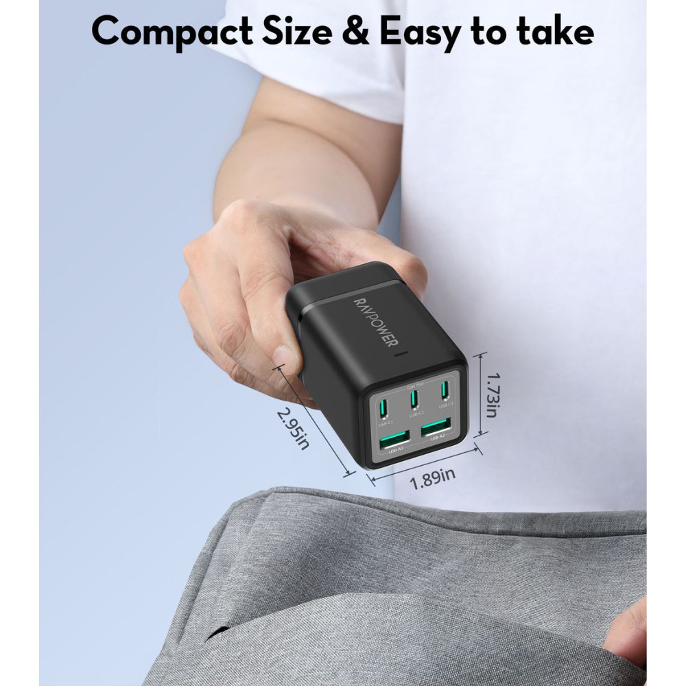 RP-PC1062  75W Power Strip 5-Port with AC outlets UK plug + Travel charger adapter Offline Black