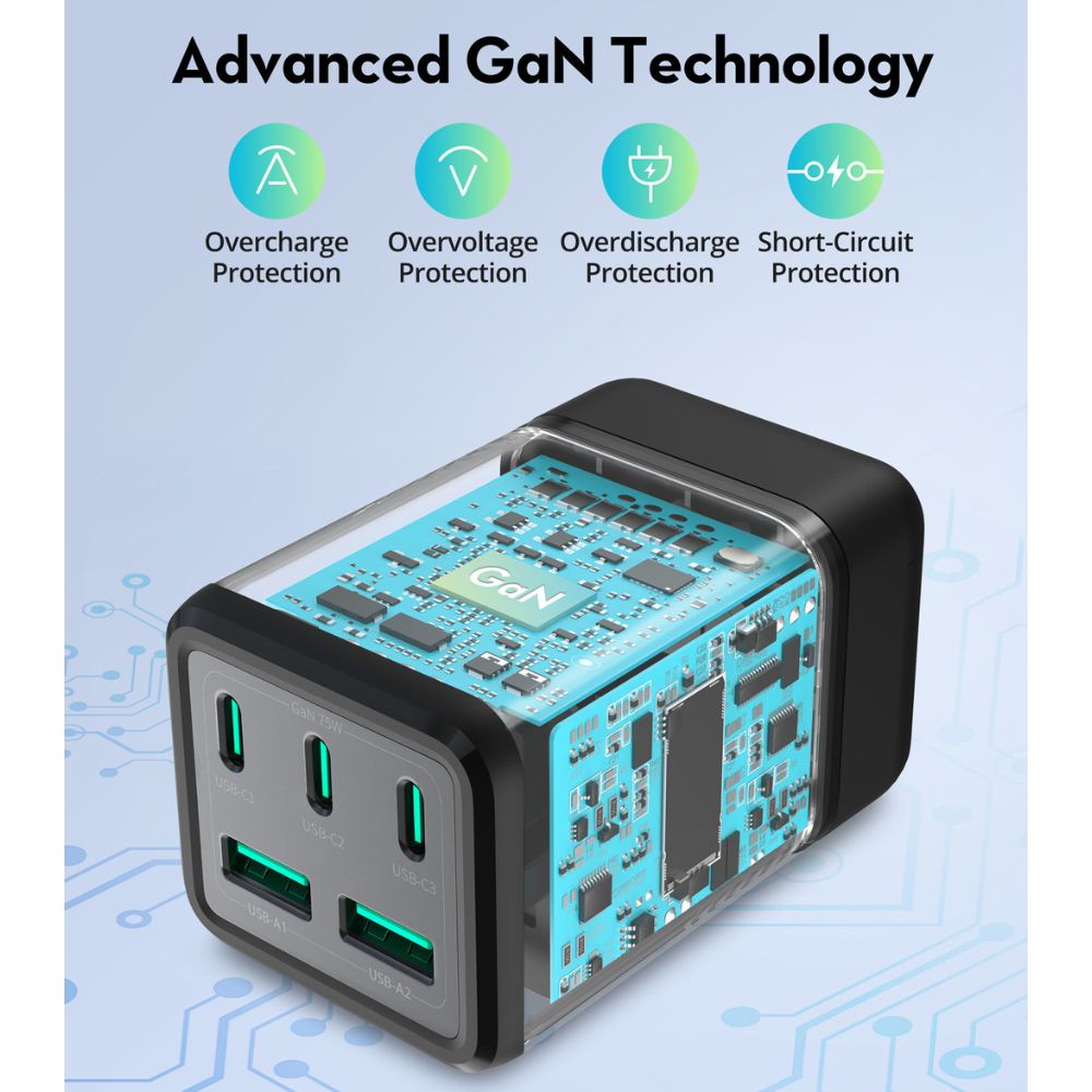 RP-PC1062  75W Power Strip 5-Port with AC outlets UK plug + Travel charger adapter Offline Black