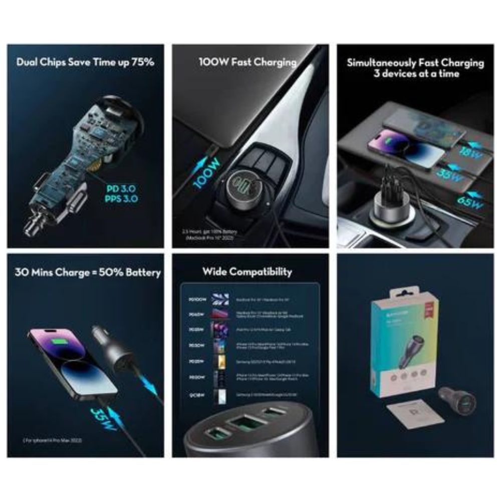 RP-VC1011 - 100W 3-Port car charger gray global