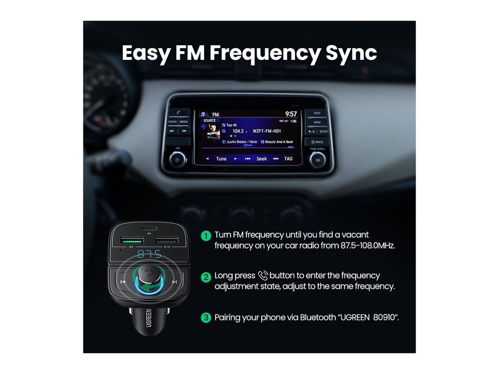 UGREEN Car Bluetooth Adapter - Bluetooth FM Transmitter for Car PD/QC 3.0 Car Charger