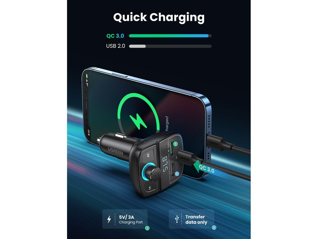 UGREEN Car Bluetooth Adapter - Bluetooth FM Transmitter for Car PD/QC 3.0 Car Charger