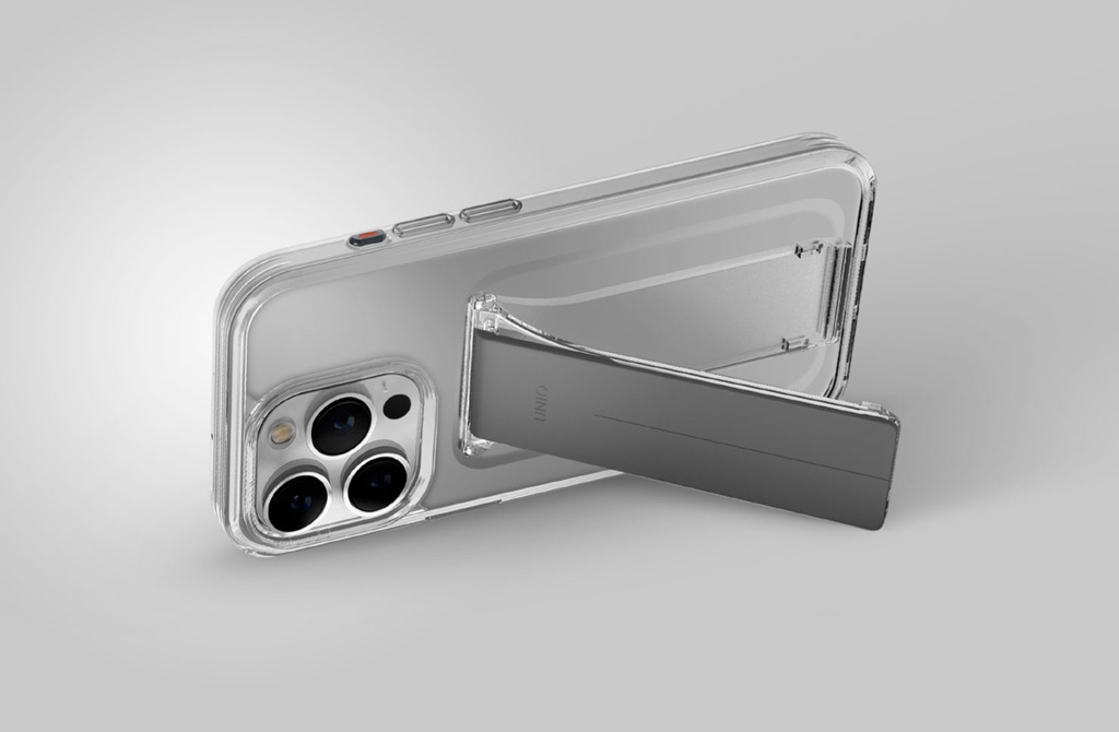 Uniq Hybrid Heldro Mount With Stand Case for iPhone 15 Pro - Lucent Clear 