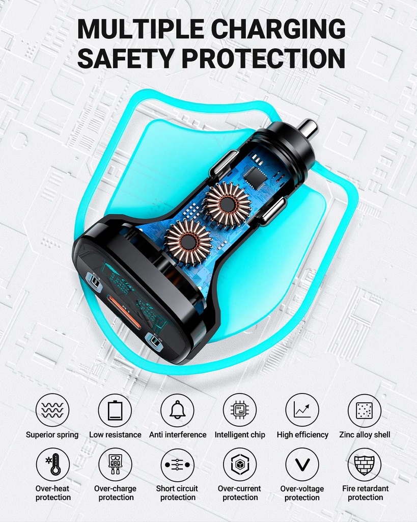 B5 101W (2C+A) metal car charger with OLED smart display