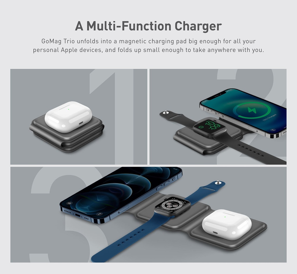 bazic gomag trio 3 in 1 foldable magnetic wireless charger grey