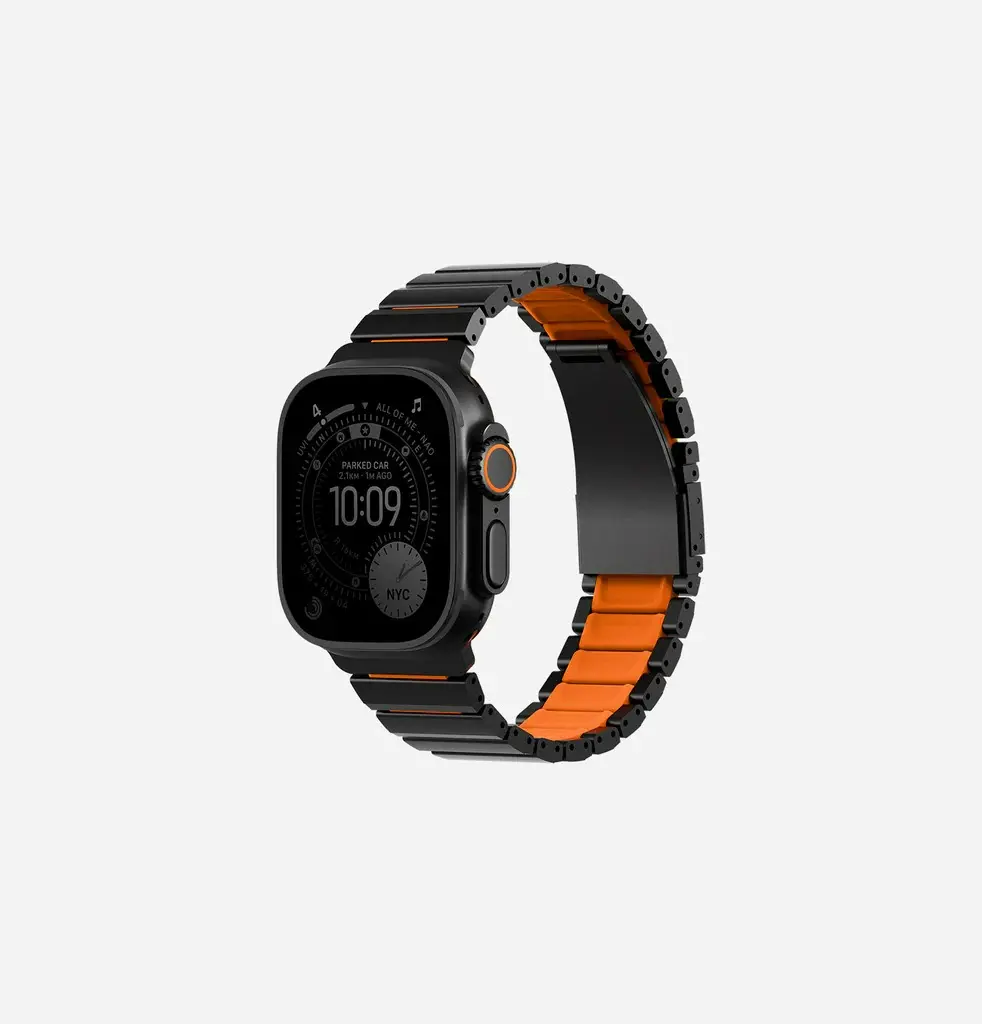 UNIQ STROVA FLEX APPLE WATCH SELF-ADJUSTABLE STEEL LINK BAND 49/46/45/44MM - MIDNIGHT BLACK/VOLT ORANGE