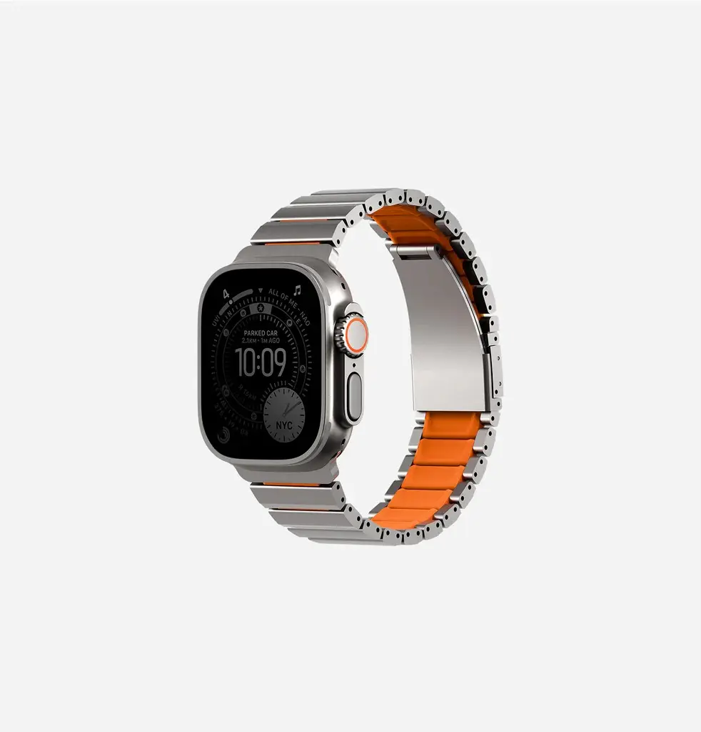  UNIQ STROVA FLEX APPLE WATCH  SELF-ADJUSTABLE STEEL LINK BAND 49/46/45/44MM - TITANIUM SLIVER/VOLT ORANGE 