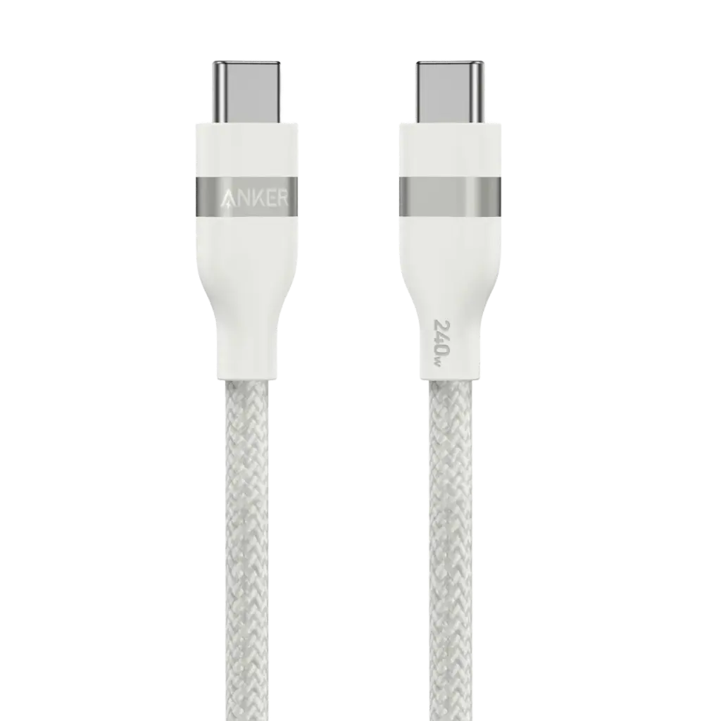 كابل أنكر USB-C إلى USB-C (طول 6 أقدام، 240 واط، معاد تدويره ومضفر) أبيض
