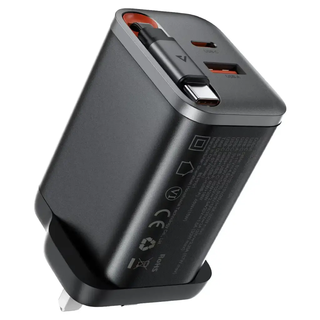 شاحن ACEFAST GaN PD67W (2 USB-C + USB-A) مع كيبل ينسحب أسود (UK)