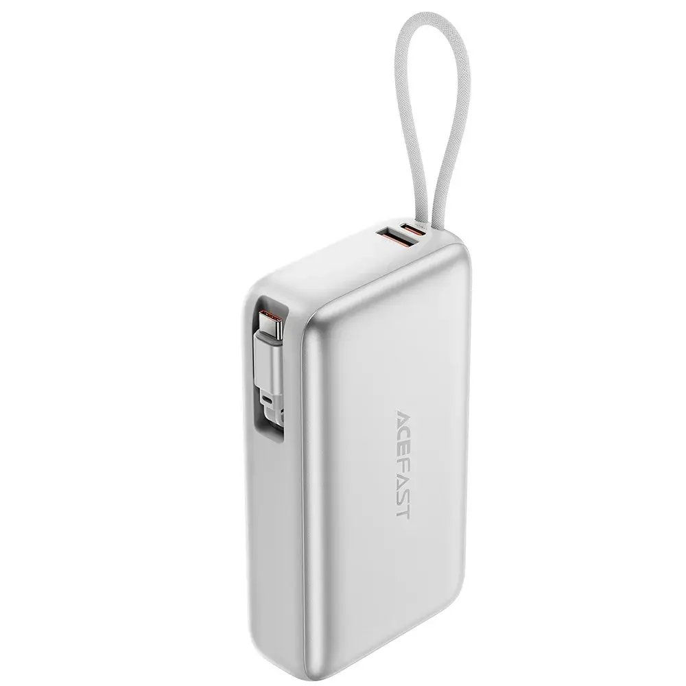 AceFast PD45W fast charging power bank with telescopic cable, 20000mAh, Silver CCC certificated