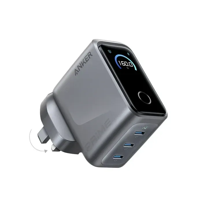 شاحن Anker Prime GaN بقوة 160W بـ 3 منافذ USB-C فضي