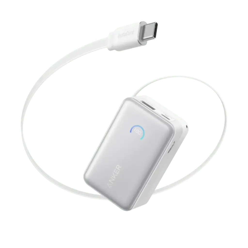باور بانك Anker Nano بسعة 10000mAh بقوة 45W مع كيبل USB-C مدمج ينسحب أبيض
