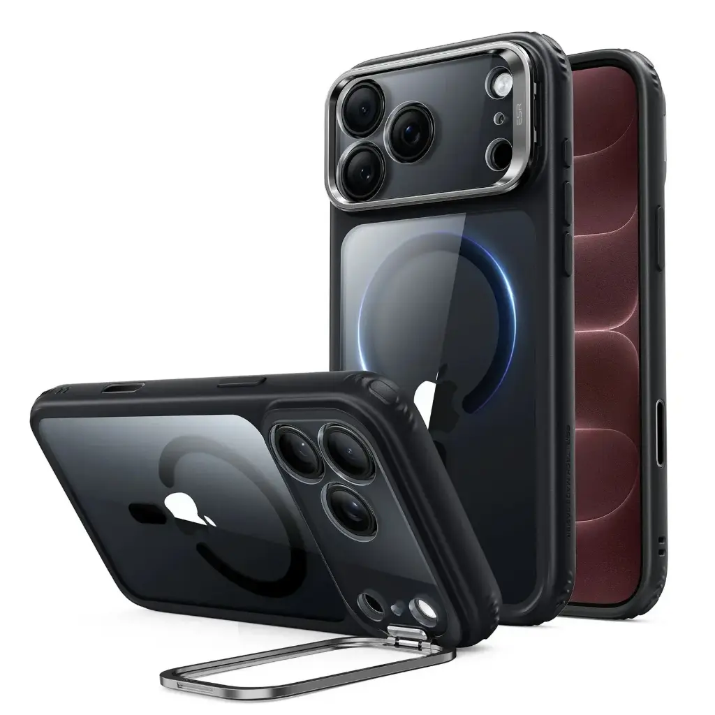 كفر ESR Classic Hybrid Magnetic لـ iPhone 18 Pro / 17 Pro مع Stash Stand و Camera Control شفاف بإطار أسود