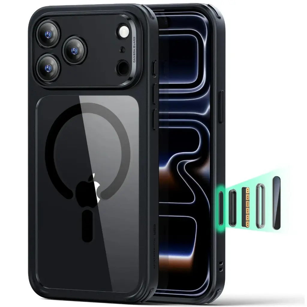 كفر ESR Classic Hybrid Magnetic لـ iPhone 18 Pro Max / 17 Pro Max مع Stash Stand و Camera Control شفاف بإطار أسود