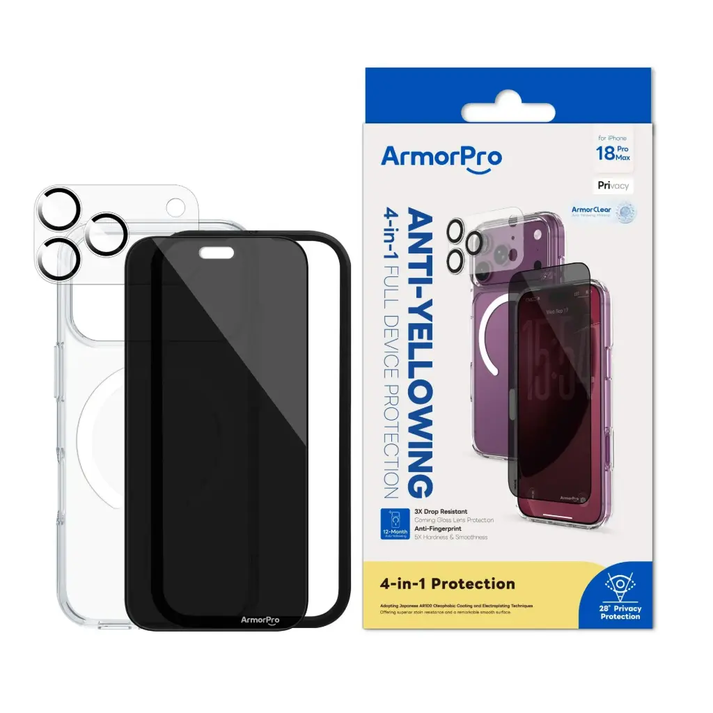 ArmorPro SODA 4-in-1 Combo Privacy (Screen Protector + Camera Lens + Camera Cover Shield + Clear Case MagSafe White) for iPhone 18 Pro