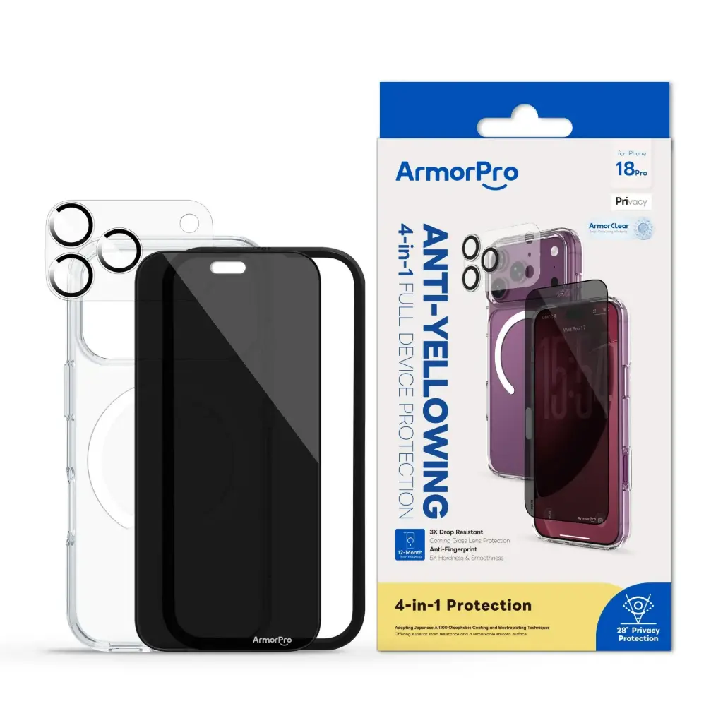 ArmorPro SODA 4-in-1 Combo Privacy (Screen Protector + Camera Lens + Camera Cover Shield + Clear Case MagSafe White) for iPhone 18 Pro Max