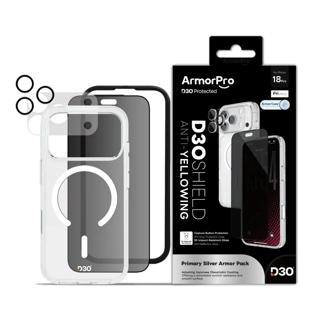 كومبو حماية 4 في 1 ArmorPro D3O مع Capture Button (حماية شاشة خصوصية + حماية كاميرا + كفر D3O MagSafe + لاصق عدسة) أبيض لـ iPhone 18 Pro