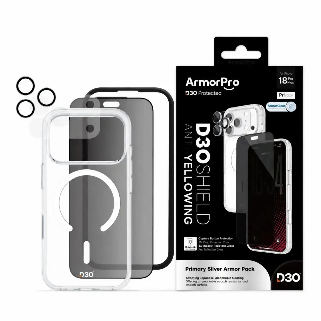 ArmorPro D3O 4-in-1 Combo with Capture Button (Privacy Screen + Camera Lens + D3O Case MagSafe + Lens Film) White for iPhone 18 Pro Max