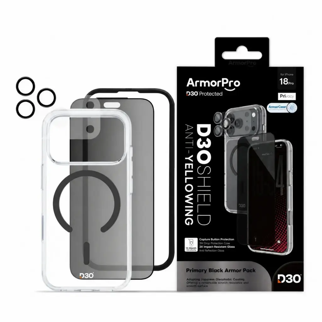 ArmorPro D3O 4-in-1 Combo with Capture Button (Privacy Screen + Camera Lens + D3O Case MagSafe + Lens Film) Black for iPhone 18 Pro