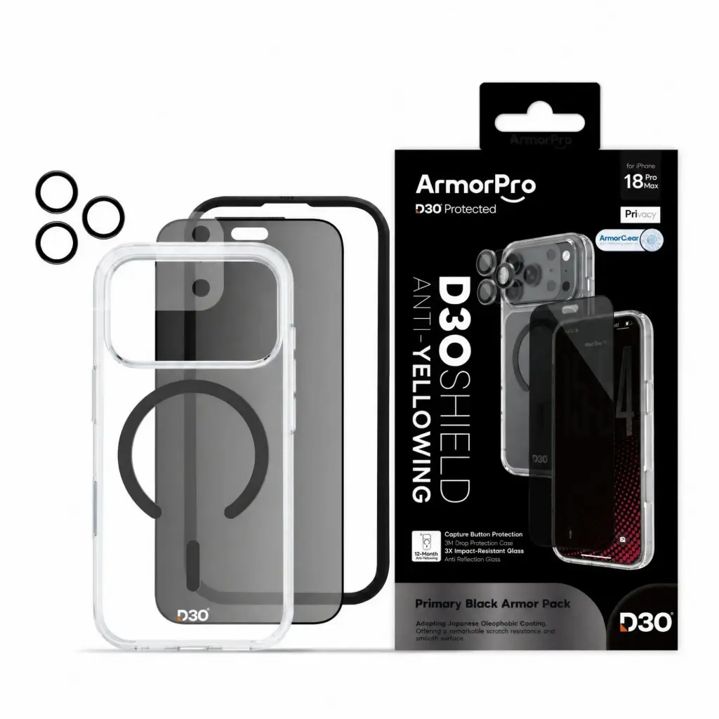 ArmorPro D3O 4-in-1 Combo with Capture Button (Privacy Screen + Camera Lens + D3O Case MagSafe + Lens Film) Black for iPhone 18 Pro Max