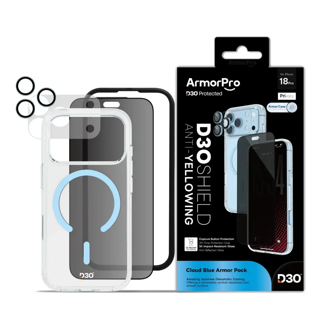 ArmorPro D3O 4-in-1 Combo with Capture Button (Privacy Screen + Camera Lens + D3O Case MagSafe + Lens Film) Cloud Blue for iPhone 18 Pro