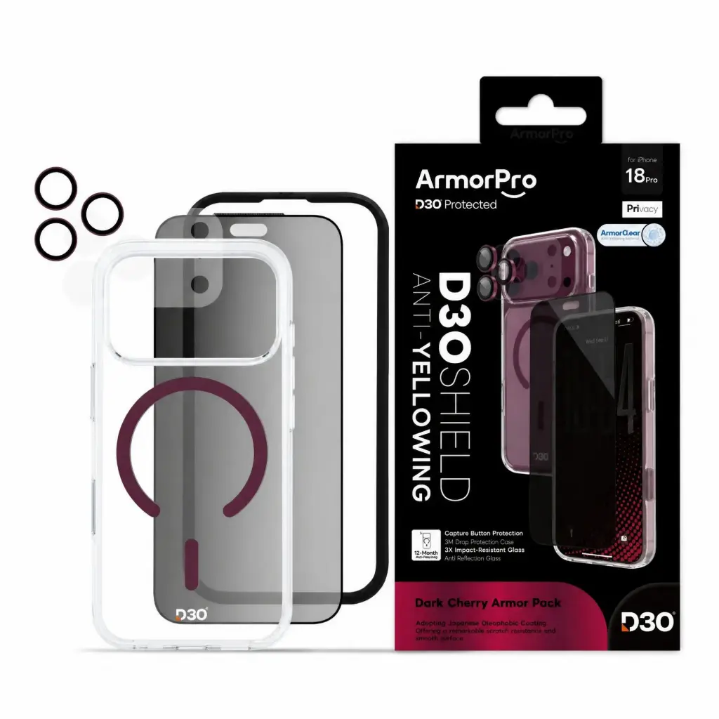 ArmorPro D3O 4-in-1 Combo (Privacy Screen + Camera Lens + D3O Case MagSafe + Lens Film) Dark Cherry for iPhone 18 Pro