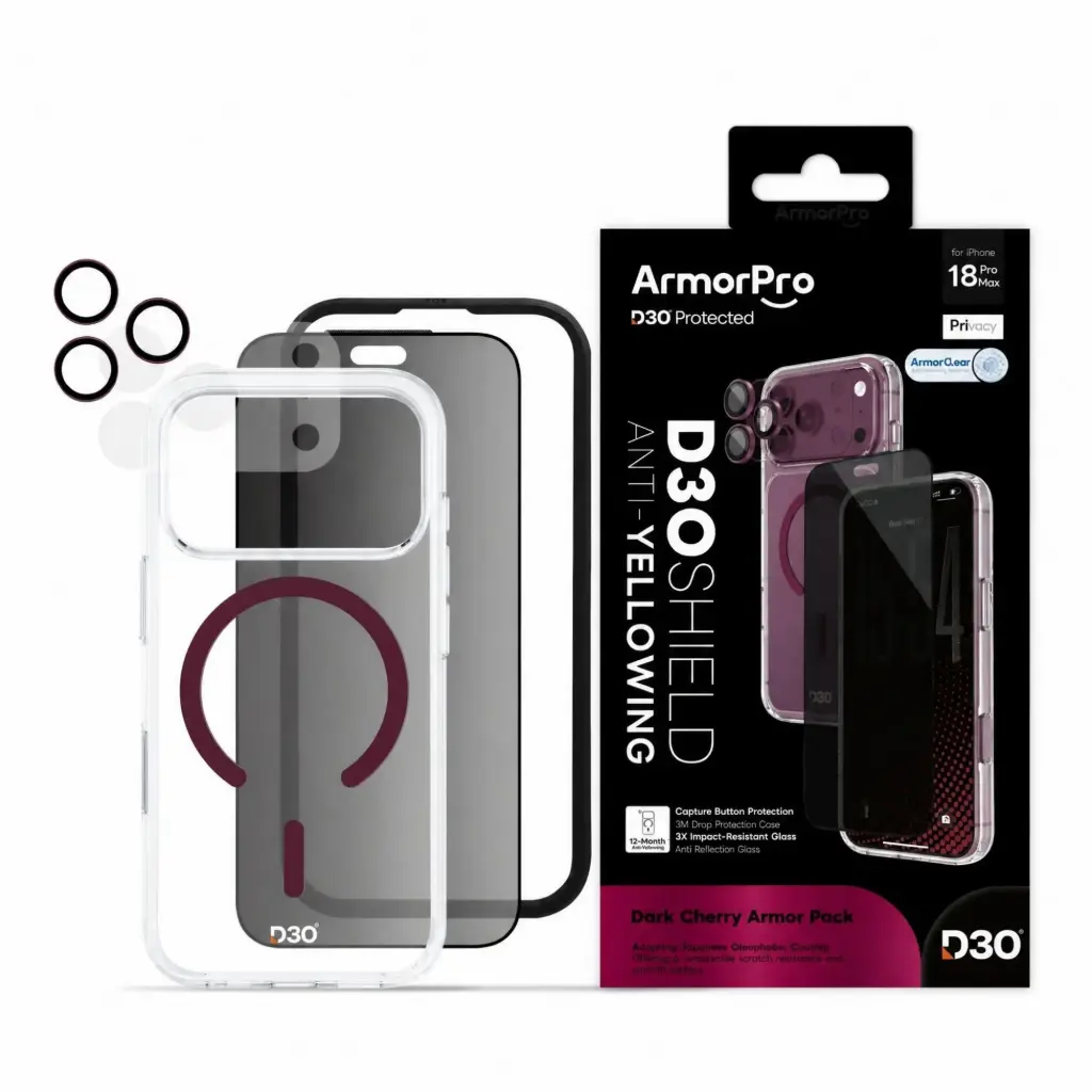 كومبو حماية 4 في 1 ArmorPro D3O (حماية شاشة خصوصية + حماية كاميرا + كفر D3O MagSafe + لاصق عدسة) Dark Cherry لـ iPhone 18 Pro Max