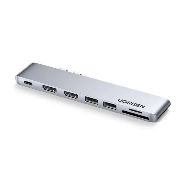 موزع USB-C مزدوج UGREEN إلى 2×USB 3.0 و2×HDMI وSD/TF وUSB-C – رمادي فضي