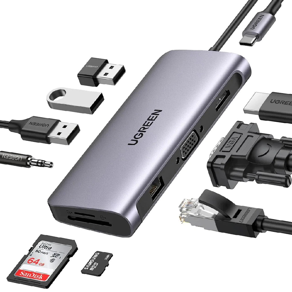 UGREEN USB-C A+HDMI+VGA+RJ45 Gigabit+SD/TF+AUX3 5mm+PD Converter Grav With PD