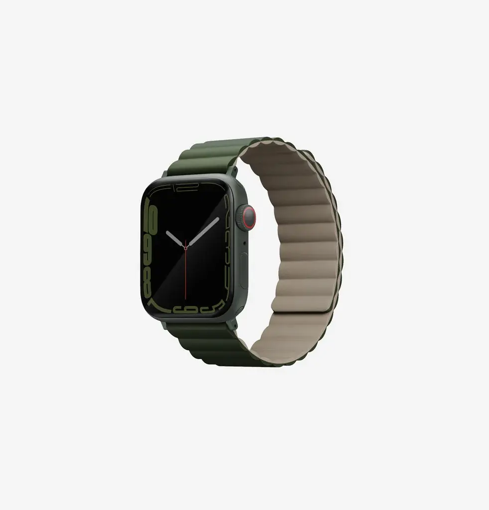 سير مغناطيسي UNIQ Revix بوجهين لساعة Apple Watch 38/40/41 ملم – أخضر / بيج رمادي (Pine)