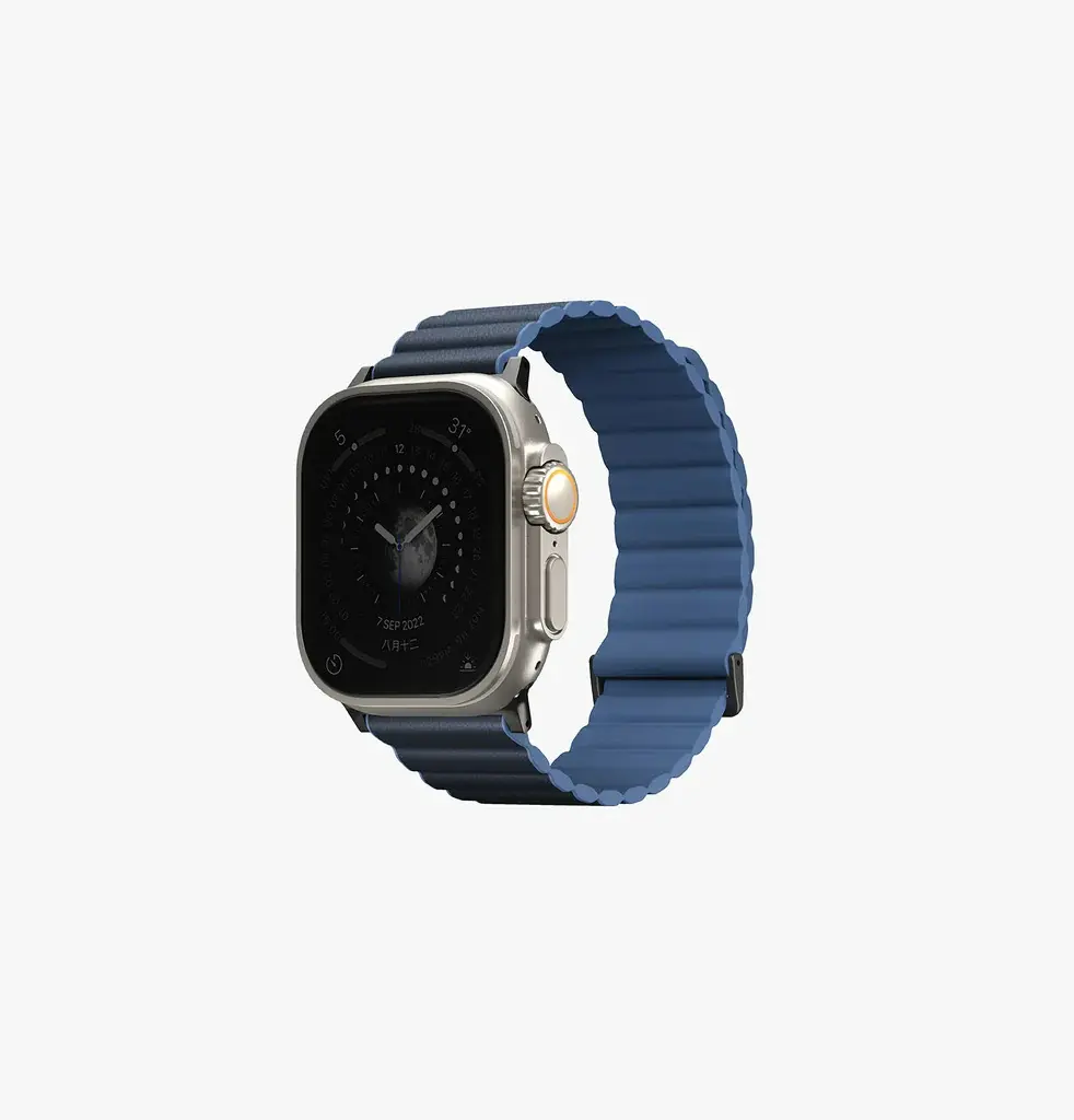 سير UNIQ Revix Premium Edition بوجهين لساعة Apple Watch 49/45/44/42 ملم – أزرق بروسي / أزرق ضبابي