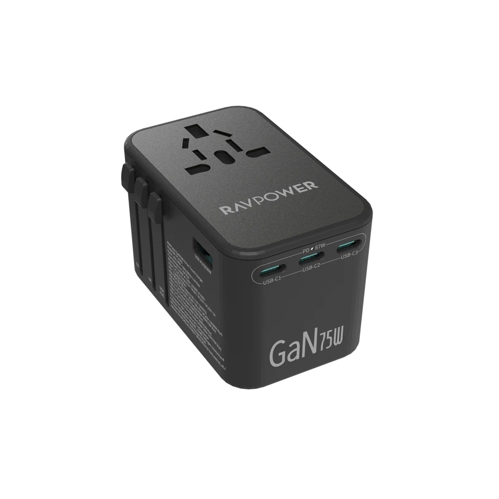 شاحن سفر RAVPower RP-PC1043 PD GaN 75W بـ 4 منافذ – أسود