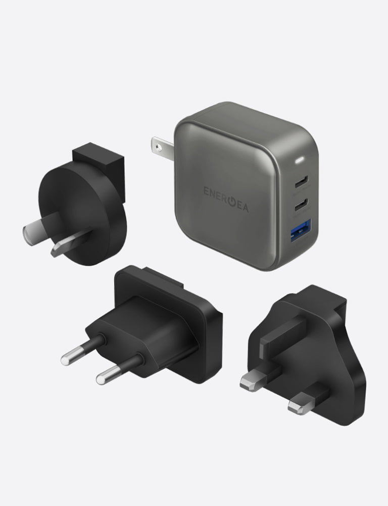Energea TravelWorld 2-Port USB-C PD and 1-Port USB-A GaN 66W Travel Adapter - Gunmetal
