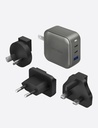 محول سفر ENERGEA TravelWorld GaN بقوة 66 واط مع منفذين USB-C PD ومنفذ USB-A – رمادي معدني