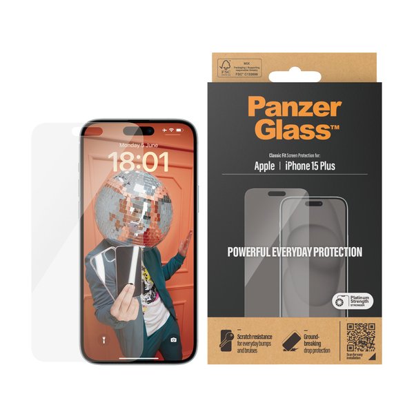 حماية شاشة PanzerGlass Classic Fit لآيفون 15 Plus (6.7 إنش)