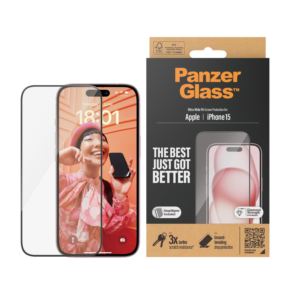 حماية شاشة PanzerGlass Ultra-Wide Fit شفافة لآيفون 15 (6.1 إنش) – 2809