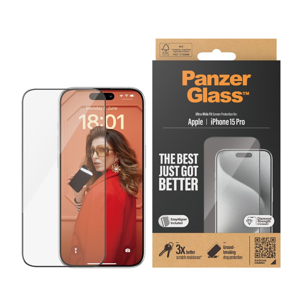 حماية شاشة PanzerGlass Ultra-Wide Fit شفافة لآيفون 15 Pro (6.1 إنش)