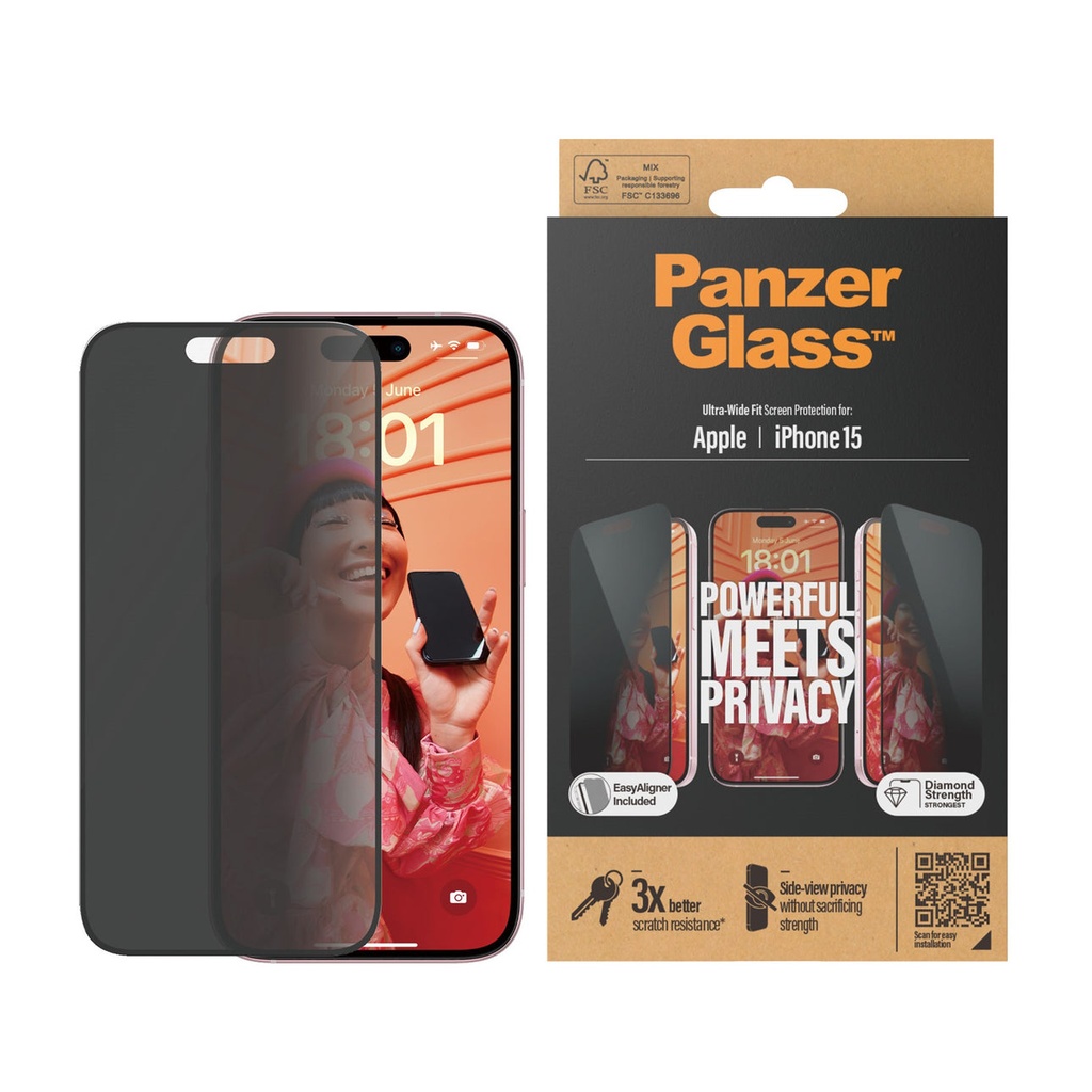 حماية شاشة خصوصية PanzerGlass Ultra-Wide Fit لآيفون 15 (6.1 إنش)