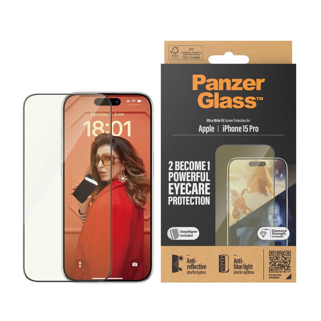 حماية شاشة PanzerGlass Ultra-Wide Fit مضادة للانعكاس والضوء الأزرق لآيفون 15 Pro (6.1 إنش)