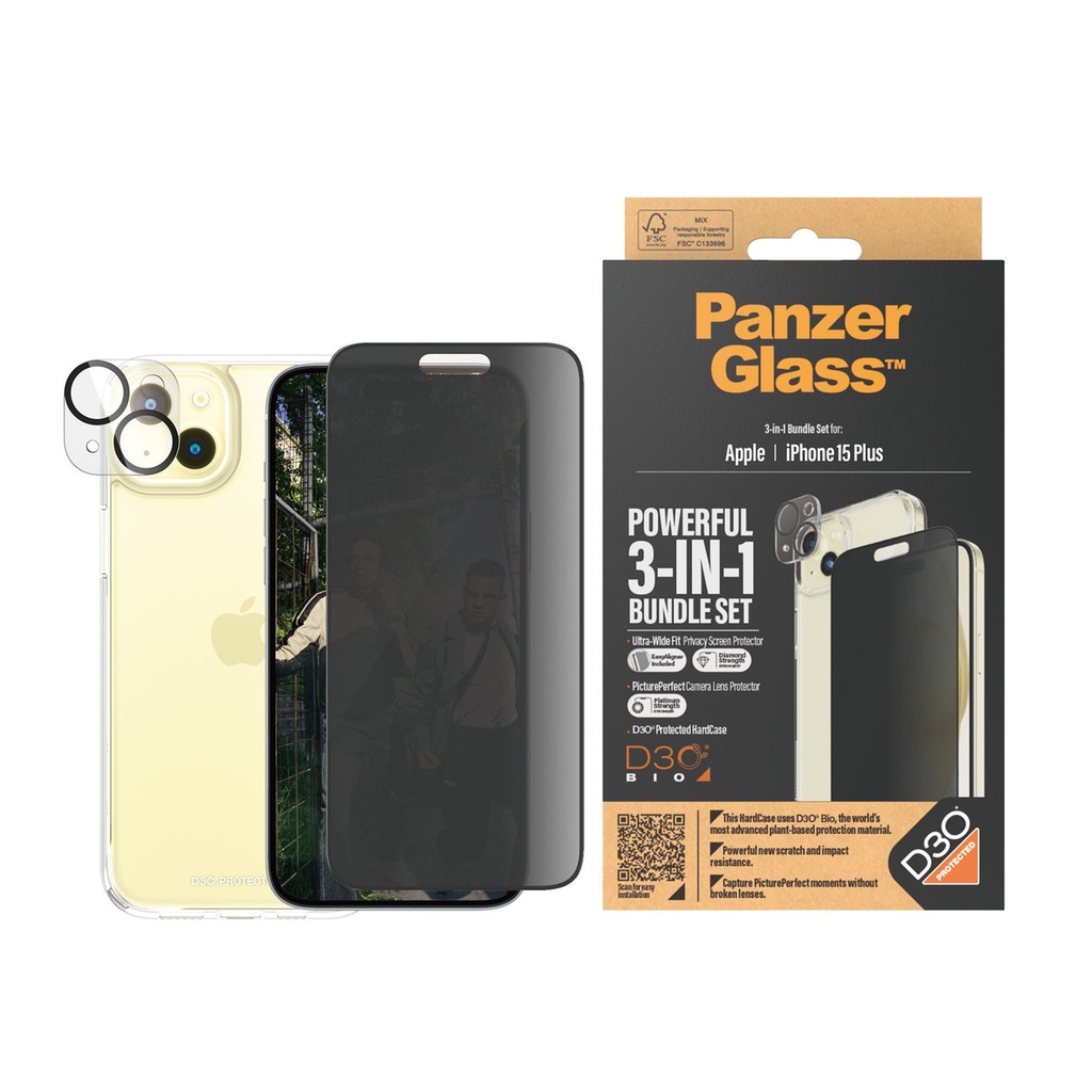 باقة حماية PanzerGlass 360 مع D3O® لآيفون 15 Plus (6.7 إنش) – خصوصية