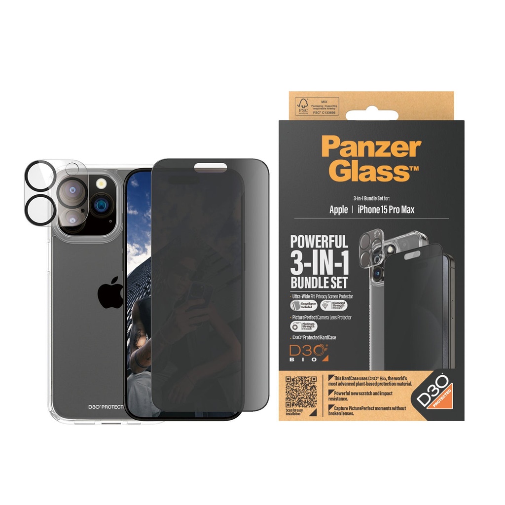 باقة حماية PanzerGlass 360 مع D3O® لآيفون 15 Pro Max (6.7 إنش) – خصوصية