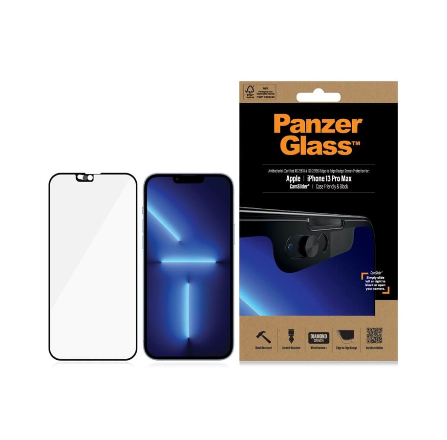 حماية شاشة PanzerGlass CamSlider مضادة للبكتيريا لآيفون 13 Pro Max (6.7 إنش) – أسود – 2749