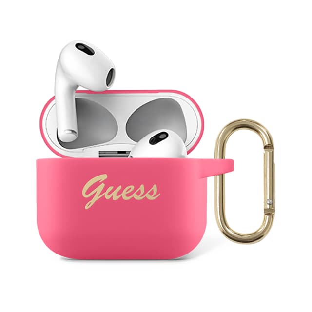 Guess Silicone Printed Script Case with Ring for Airpods 3 - Fushia