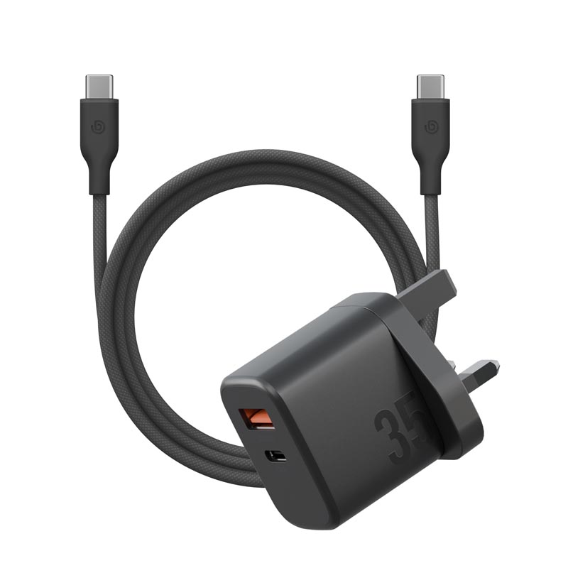 طقم شاحن جداري Bazic Velox Kit بقوة 35 واط PD بمنفذ USB-C ومنفذ USB-A مع كيبل Weave من USB-C إلى USB-C بقوة 60 واط – أسود